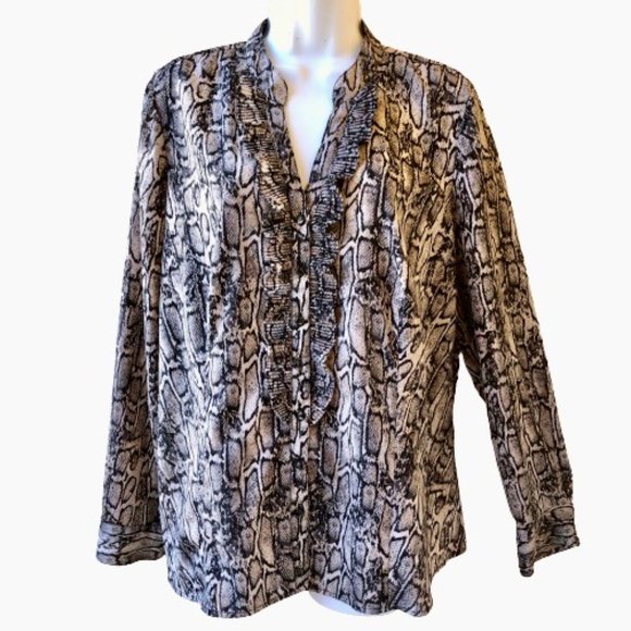 212 Collection Button Up Blouse Reptile Print Ruffles Long Sleeves - Picture 4 of 13